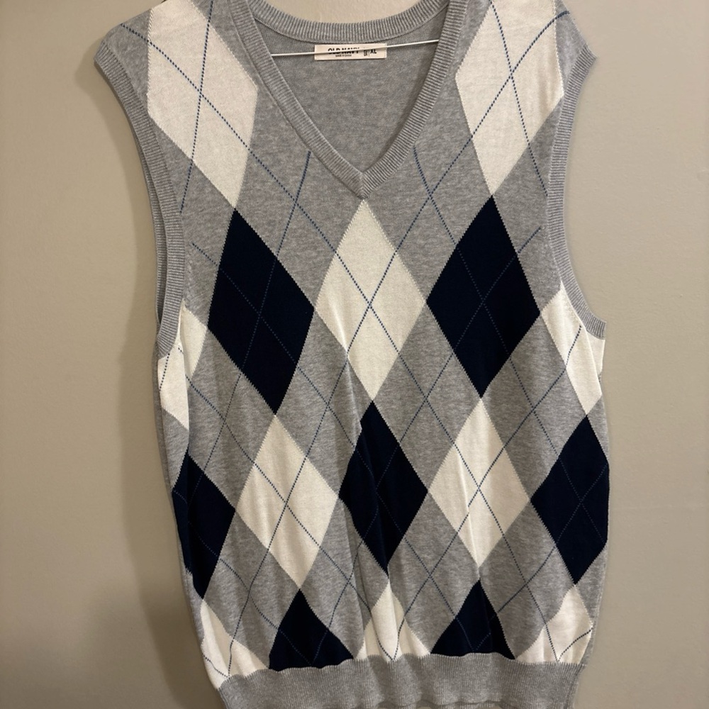 Old Navy Men’s Argyle Sweater Vest Size LXL Navy Gray White 100% Cotton V-Neck